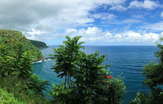 Hawaii hana väg längs bergskant med jungel och blått hav