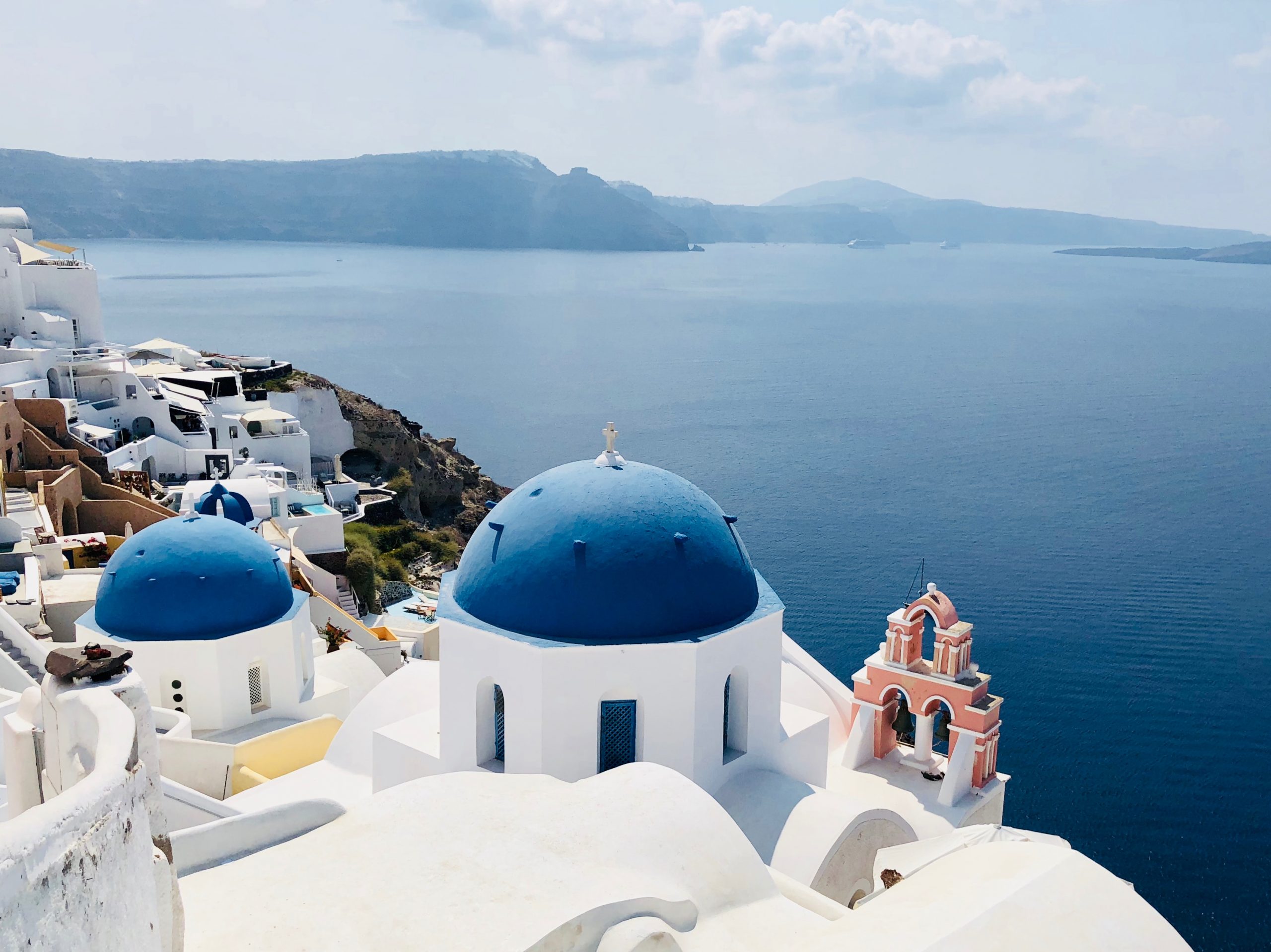 Blåa hustak i Santorini, Grekland